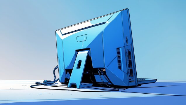 anime-inspired illustration of the back of a desktop, with bold lines, dynamic shading, and exaggerated perspective, set against a soft, gradient blue background that fades to white towards the edges