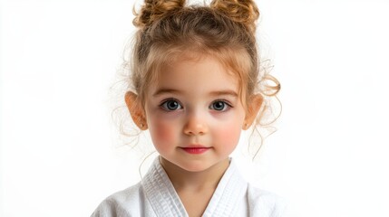 Little girl, dressed in karate uniform, looking at camera generative ai