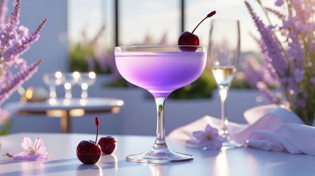 lavender Aviation cocktail served in a sleek, modern, luxurious coupe glass with a single dark luxardo maraschino cherry garnish resting elegantly at the bottom. Set in a minimalist