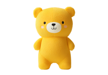 A cute yellow plush teddy bear, simple in style, against a white background. The toy has a simple design with no shadows,