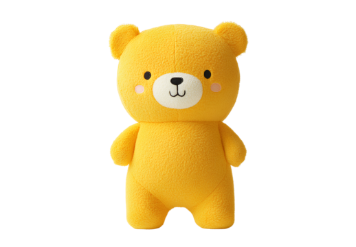 A cute yellow plush teddy bear, simple in style, against a white background. The toy has a simple design with no shadows,
