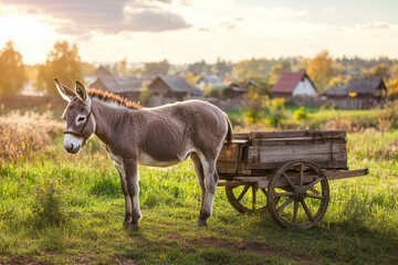 A serene donkey standing beside a wooden cart in a lush green field during sunset
