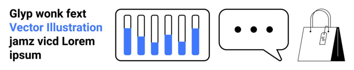 Vertical data bars, dotted speech bubble, and shopping bag symbolize analytics, communication, and retail. Ideal for business, marketing, data analysis, e-commerce technology communication simple