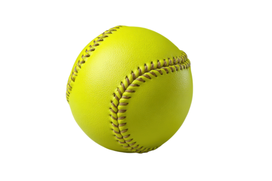 PNG Close-up of neon green softball with detailed stitching on black background
