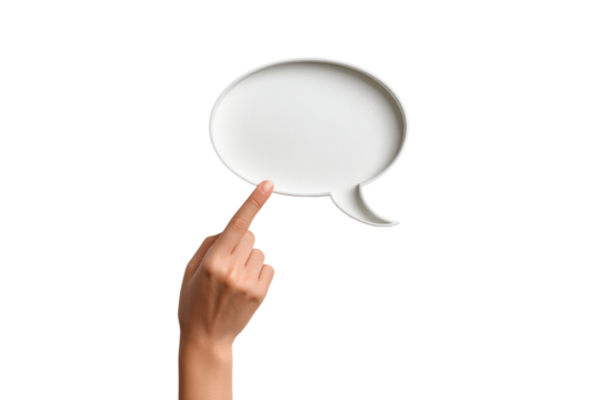 PNG Female hand gesturing to speech bubble on black background