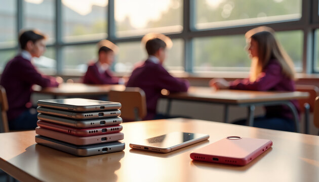 Stack of smartphones on desk in classroom with students blurred in background
