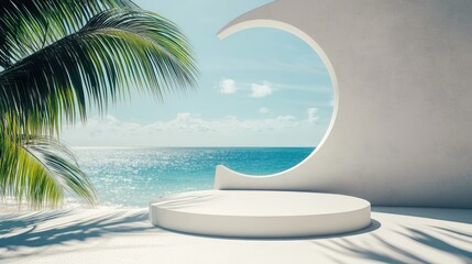 White pedestal overlooking a tranquil ocean scene.
