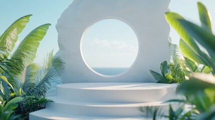 White pedestal podium with tropical plants and ocean view.