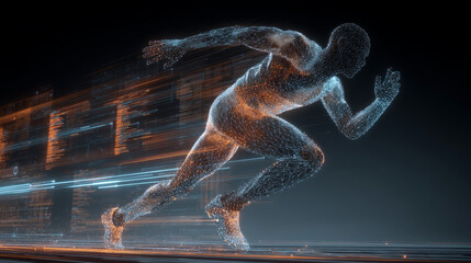 Wireframe hologram of athlete running, showcasing speed and agility in futuristic design. dynamic motion creates energetic atmosphere