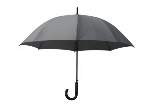 Studio shot of an open grey umbrella, isolated on a transparent background, ready for image editing