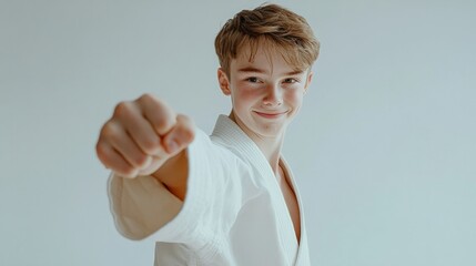 Smiling teenage boy in traditional karate uniform, waist-up, executing a basic punch, generative ai