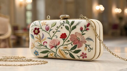 Close up of a floral embroidered clutch with a gold chain strap