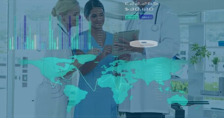 Medical team tapping tablet and pointing holographic world map charts while updating currency data - Powered by Adobe