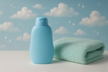 Baby shampoo and towel with soap bubbles floating on a cloudy sky background