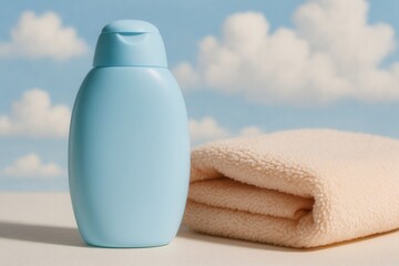 Light blue plastic cosmetic bottle with flip-top cap and folded towel on table with cloudy sky background
