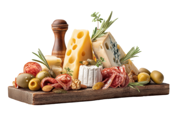 PNG Rustic cheese and charcuterie board with olives, nuts, and salami