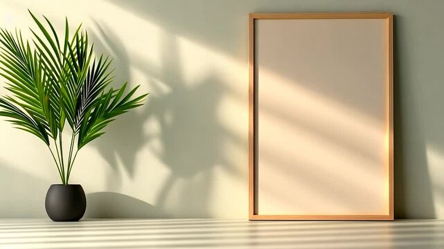 Sunlit Interior with Blank Frame and Plant