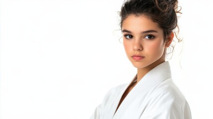 Strong teen in white karate gi, waist-up, demonstrating a karate chop generative ai