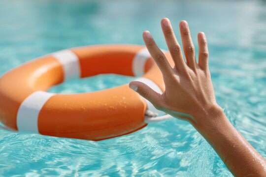 Hand reaching for life preserver in pool, seeking help, needing assistance in water.