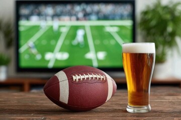 American football and beer on a table, a television showing a game in the background, enjoying the big game with beer.