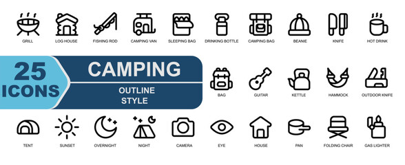 Camping icon set in clean outline style,perfect for outdoor guides,hiking apps,and brochures. Includes tent,sleeping bag,hiking bag,chair,gas lighter. Ideal for survival themes.

