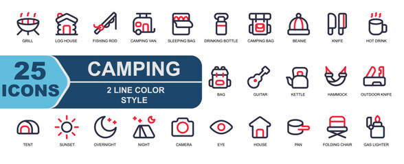 Modern 2 line color camping icons for UI/UX,travel apps,and infographics. Includes van,kettle,grill,bottle,fishing rod,basket. Designed for dynamic,colorful outdoor visuals.
