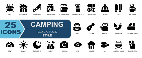 Bold and simple solid camping icons of essential gear. Includes knife,pan,toaster,camera,hot drink,and fire. Great for product packaging,outdoor gear branding,and merchandise design.

