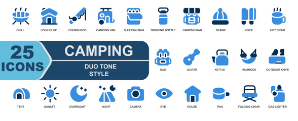 Stylish duotone icon set capturing the cozy and relaxing side of camping. Features hammock,beanie,log house,guitar,night,moon. Great for editorial or tranquil nature themes.
