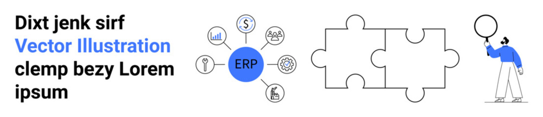 ERP at the center of connectivity symbols, two puzzle pieces, and a person holding a balloon. Ideal for technology, connection, collaboration, problem-solving, planning, business solutions simple