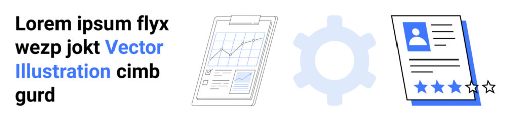 Clipboard with graph, gear illustration, user rating document with distinct four-star highlight. Ideal for data analysis, workflow management, performance review, professional profile, usability