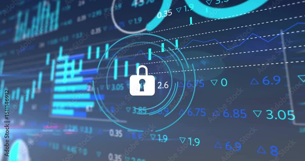 Poster lock fading in causing rings spinning, bar chart filling and labels updating representing security