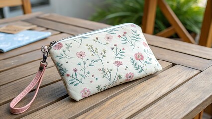Floral patterned pouch with pink wrist strap on wooden table