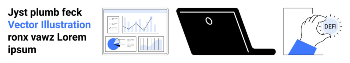 Digital graphs, pie charts, and analytics dashboard, laptop illustration, and hand holding DEF coin. Ideal for technology, data visualization, fintech, cryptocurrency remote work business analysis