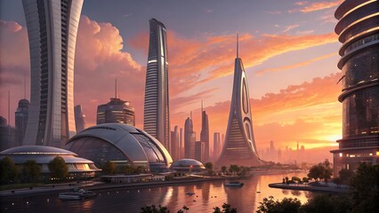 Futuristic cityscape with river and sunset in the background