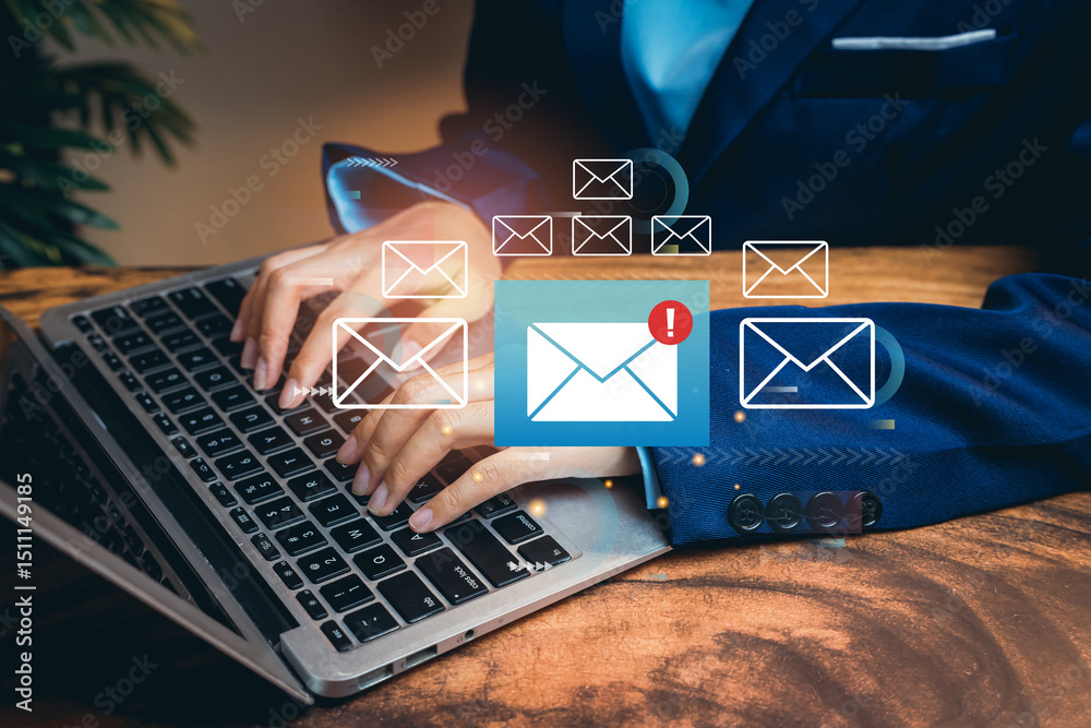 Poster email concept. hands typing on laptop keyboard with email icons and notifications in a modern worksp