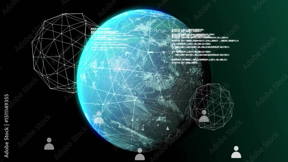 Aufkleber Opening Earth rotating under mesh showing icons and data overlay, code scroll showing network flow