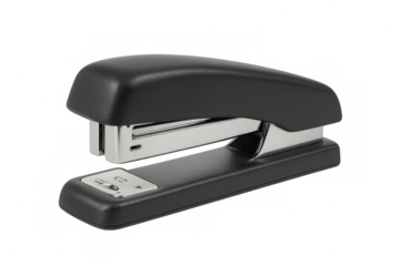 Black stapler resting on a transparent background, waiting to assist with organizing paperwork in any office environment