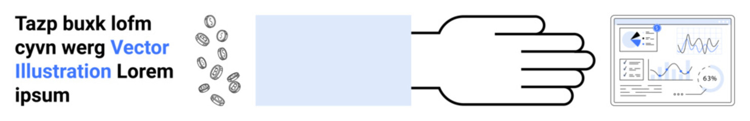 Hand extending to collect coins alongside data dashboard showing financial charts. Ideal for finance, investment, success, economy, growth, technology, reports, simple landing page