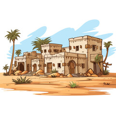 Detailed Oriental Antique Aged Desert Buildings Cartoon Vector Illustration