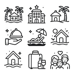 Nine black and white line icons related to vacation, perfect for travelthemed designs, website graphics, or holidayrelated projects.