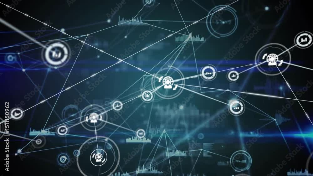 Poster glowing central node appearing, extending links, chart nodes linking, showing data connectivity
