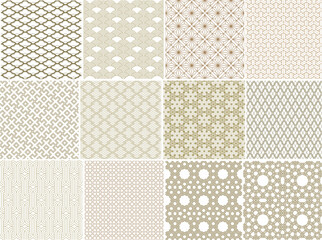 A collection of 12 elegant seamless geometric patterns in a subtle gold and white palette, featuring diverse intricate shapes, fans, and star motifs for sophisticated designs