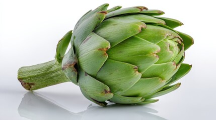 Fototapeta premium Single Whole Artichoke Lying Sideways on Glossy White Surface, Closeup View