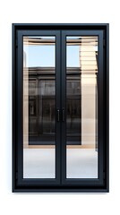 Modern black framed double doors reveal the exterior building with clear reflections shown