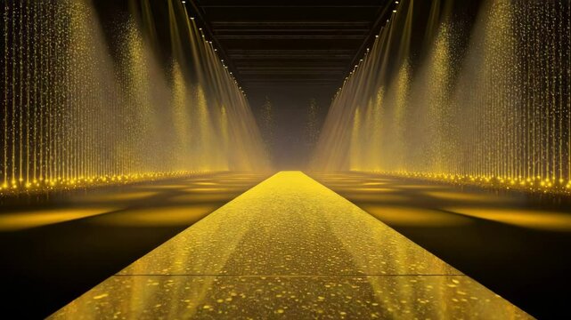 Luxurious corridor-like runway glows with reflective golden light and structured beams from overhead spotlights, creating a sense of depth and elegance