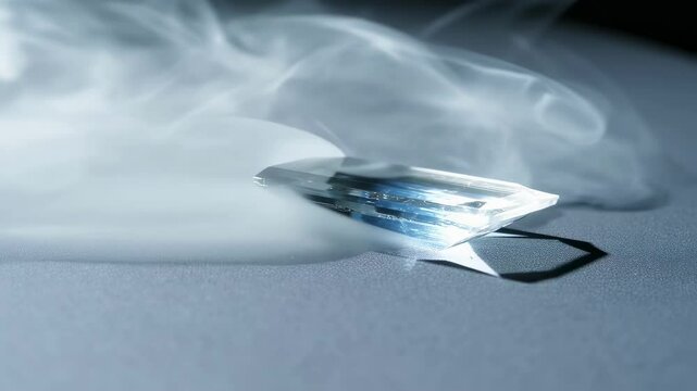 White smoke gracefully swirling around translucent topaz crystal, highlighting mineral's elegant transparency against stark gray surface and dramatic black background