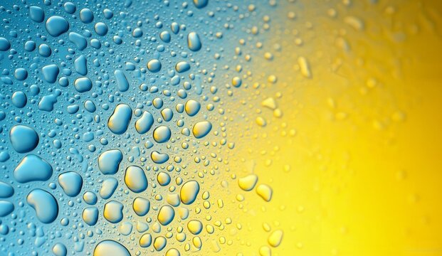 Water droplets on a gradient background transitioning from blue to yellow