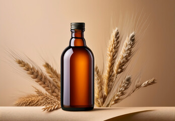 Amber Glass Bottle Mockup with Wheat on Beige Background