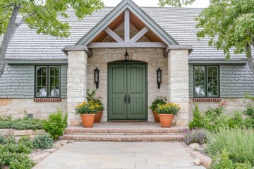 Elegant stone entrance of a modern home showcases greenery, a welcoming atmosphere, and architectural details on a bright sunny day in a suburban neighborhood