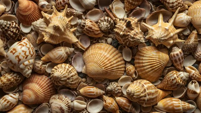 Overhead Variety of Seashells in Beige Brown and White Tones with Intricate Textures